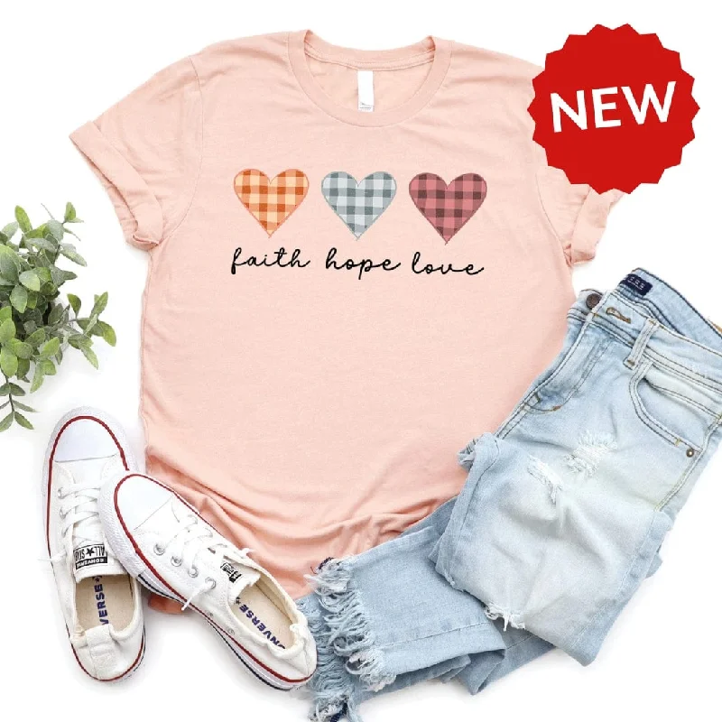 Women's Blouse with Collarless DesignFaith Hope Love Plaid Hearts Tee