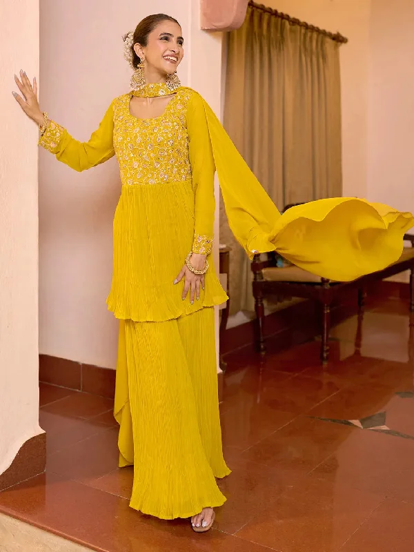 Women's Jumpsuits with Boat NeckLibas Art Mustard Embroidered Georgette A-Line Kurta With Sharara & Dupatta