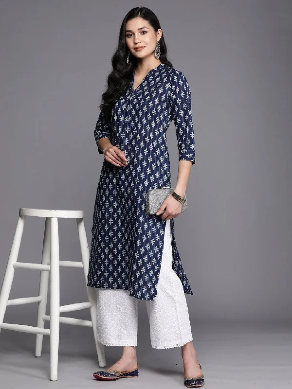 Women's Jumpsuits with Keyhole NeckBlue Printed Cotton Straight Kurta