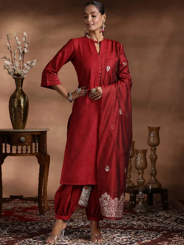 Women's Jumpsuits with High WaistMaroon Solid Cotton Blend Straight Suit With Dupatta