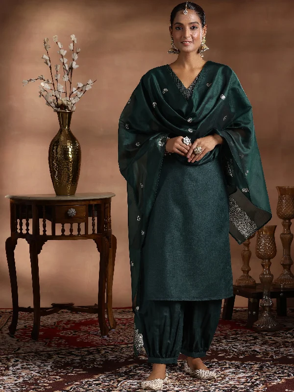 Women's Jumpsuits with Rounded HemGreen Solid Cotton Blend Straight Suit With Dupatta