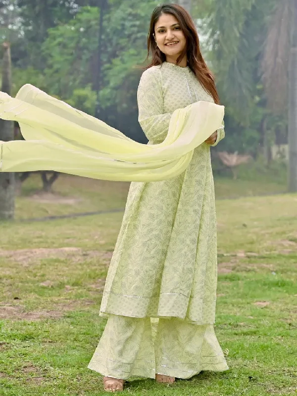 Women's Jumpsuits with Straight LegYellow Printed Cotton A-Line Kurta With Palazzos & Dupatta