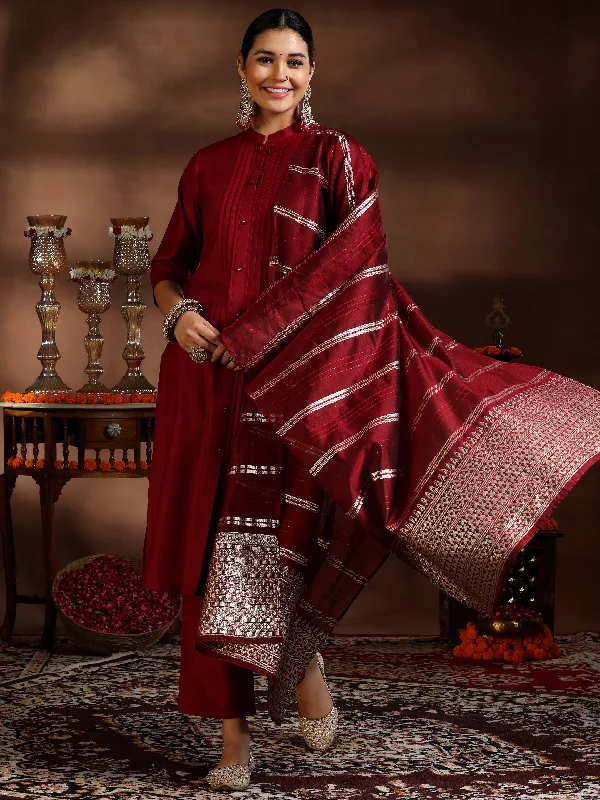 Women's Jumpsuits with Shirt CollarMaroon Solid Cotton Blend Straight Suit With Dupatta